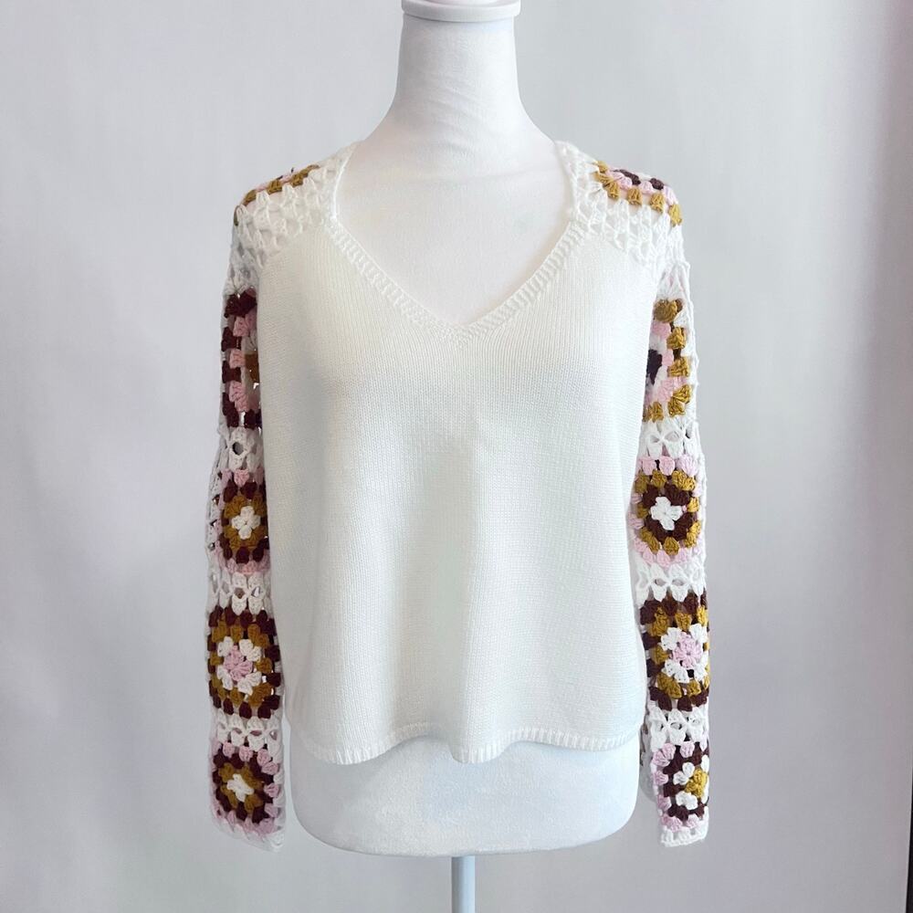 PINK LILY V-NECK RANDOM MIXED COLOR CROCHET SQUARE PATTERN BELL SLEEVE  SWEATER